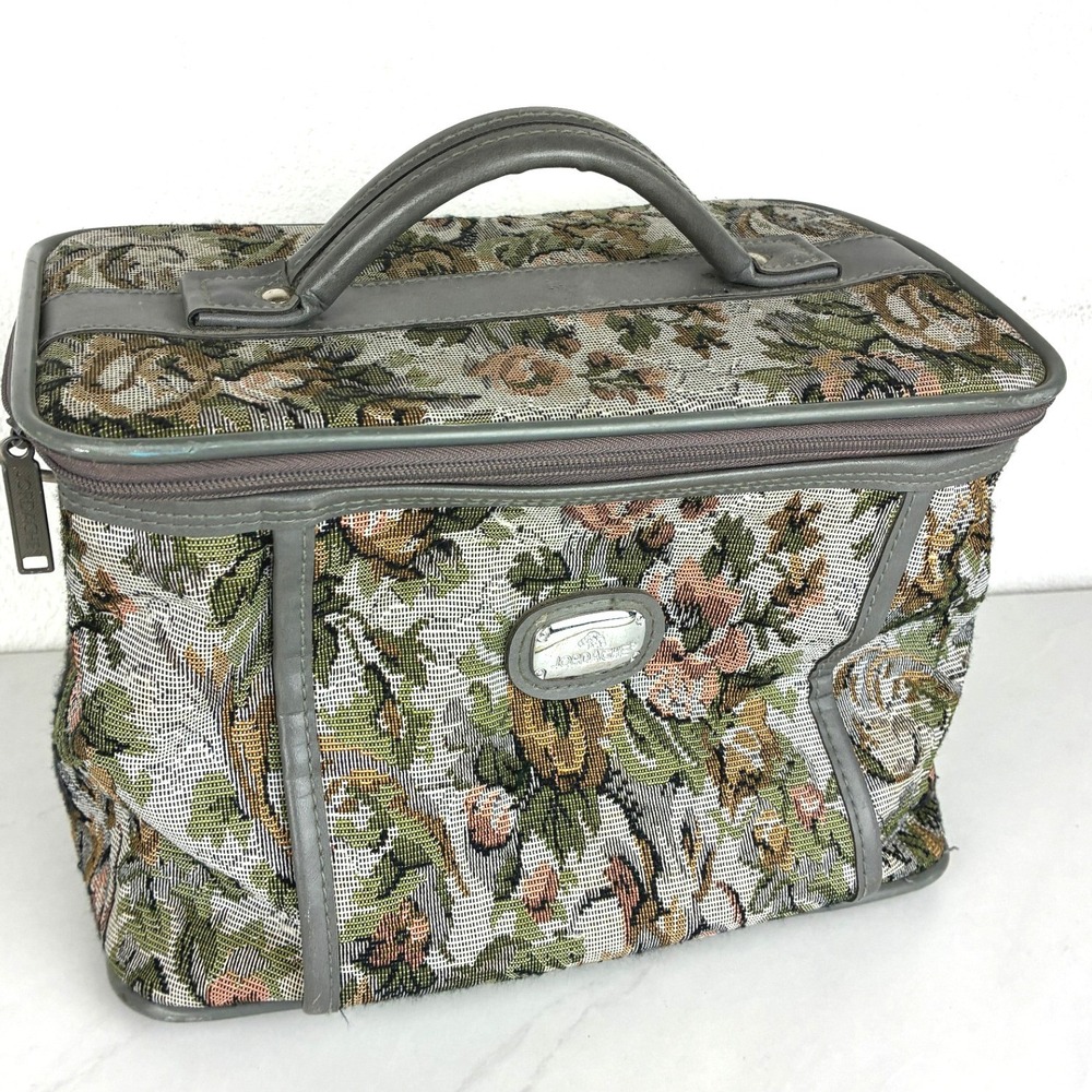 Jordache Gray Floral Tapestry Train Case - OS - Vintage Travel Makeup Bag Retro